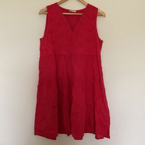 Rosemarine Red 100% Linen Tiered Dress M Eyelet Made in Italy Coatal Resort Boho